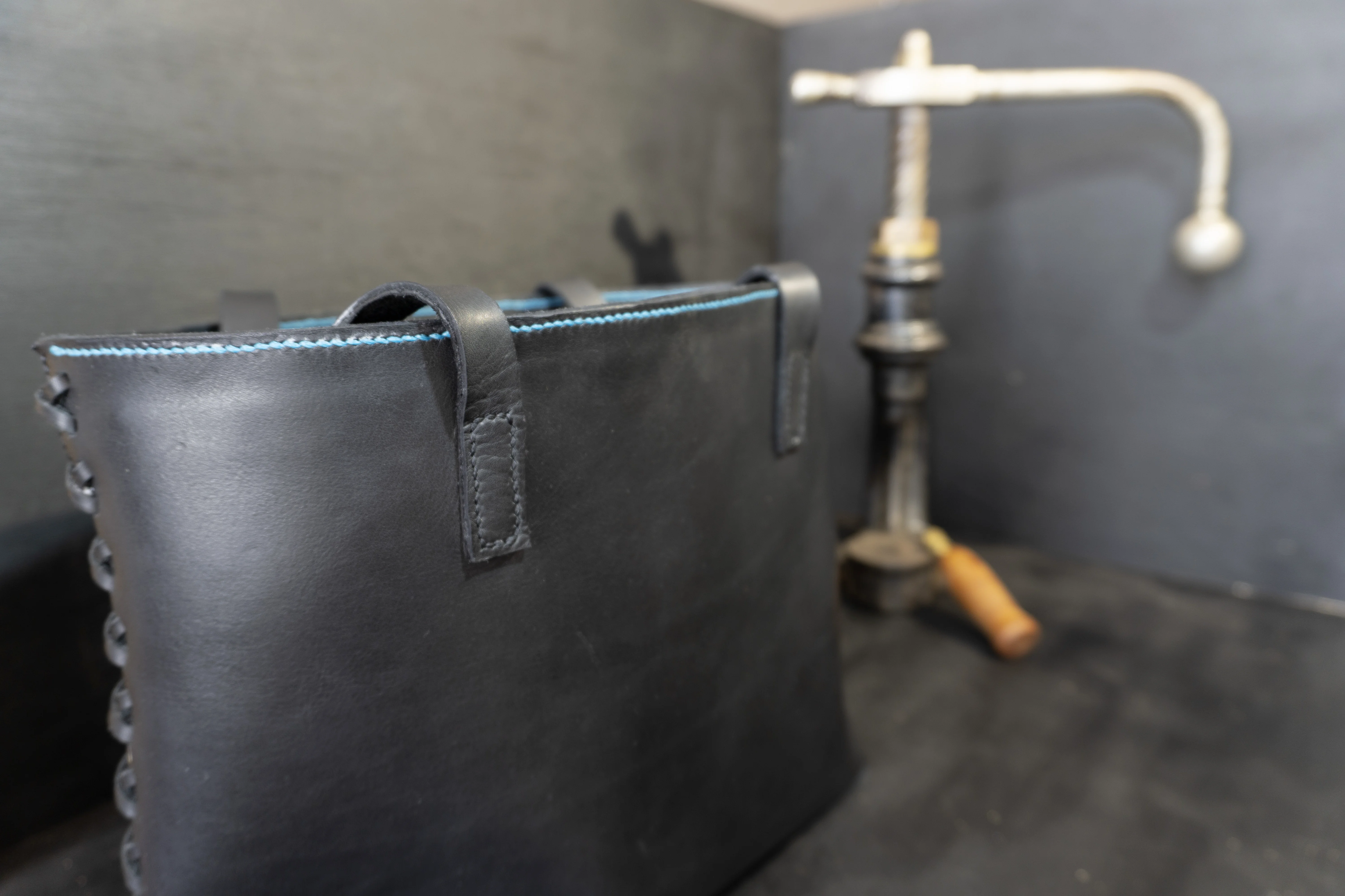 tote bag, black with blue stitch detail